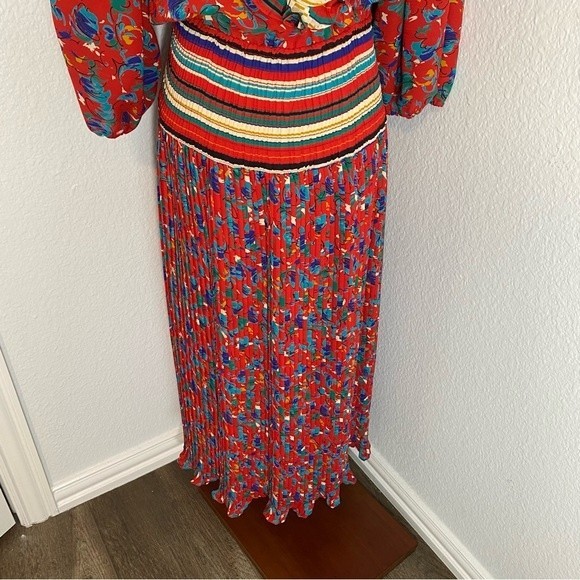 Vintage Assorti Floral Blue Red Wrap Front Unique Waist Pleated Maxi Dress SZ M - Picture 5 of 14